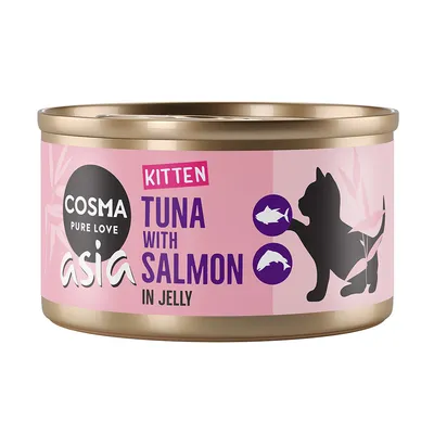 Cosma Asia Kitten Thunfisch mit Lachs in Gelee, rosa Dose mit Katzenmotiv.