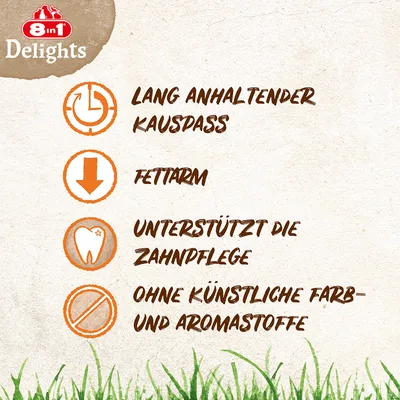 8in1 Delights. Langdurig kauwplezier, vetarm, ondersteunt tandverzorging, zonder kunstmatige kleur- en smaakstoffen.