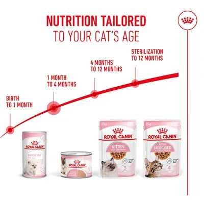 Royal Canin products for cats by age: Babycat Milk birth to 1 month, Mother & Babycat 1-4 months, Kitten 4-12 months, Kitten Sterilised up to 12 months. Royal Canin products for cats by age: Babycat Milk birth to 1 month, Mother & Babycat 1-4 months, Kitten 4-12 months, Kitten Sterilised up to 12 months.