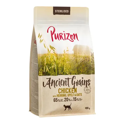 Purizon Sterilised Ancient Grains Chicken with Herring, Spelt & Oats, 65 % protéines animales, 20 % céréales anciennes, 15 % fruits et légumes, sachet 400 g pour chat.
