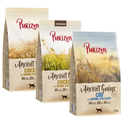 Purizon Ancient Grains, sacs de croquettes pour chat : Chicken with Herring, Spelt & Oats 65 % – 20 %, Cod with Herring, Spelt & Oats 65 % – 20 % – 15 %, format 2,5 kg visible. Purizon Ancient Grains, sacs de croquettes pour chat : Chicken with Herring, Spelt & Oats 65 % – 20 %, Cod with Herring, Spelt & Oats 65 % – 20 % – 15 %, format 2,5 kg visible.