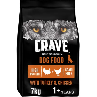 Crave dog food, high protein, grain free, with turkey and chicken, suitable for dogs aged 1 year and above, 7kg bag.