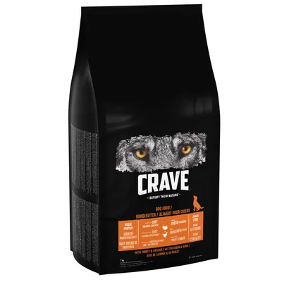 Crave dog food with high protein, 100% natural chicken, fresh chicken, grain free, with turkey and chicken. Key features highlighted on front of black bag.