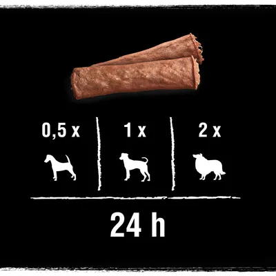 Feeding guide showing 0.5, 1 or 2 sticks per 24 hours for different dog sizes, with stick image above and dog silhouettes below each quantity.
