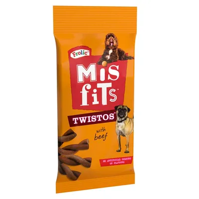 Misfits Twistos with beef, no artificial colours or flavours, shown as twisted treats on orange packaging.