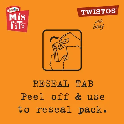 Instruction showing how to peel off and use the reseal tab to close the pack. Includes text: RESEAL TAB Peel off & use to reseal pack.