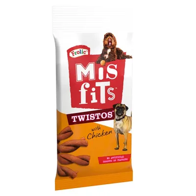 Misfits Twistos with chicken, no artificial colours or flavours, shown as twisted treats on packaging.