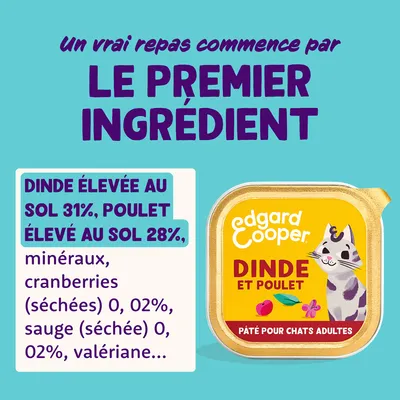 Edgard Cooper Dinde et Poulet, pâté pour chats adultes. Ingrédients : 31% dinde, 28% poulet, minéraux, canneberges séchées, sauge et valériane.