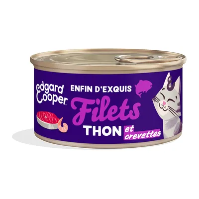 Edgard Cooper Filets thon et crevettes, boîte violette avec motif de chat et graphique de poisson.