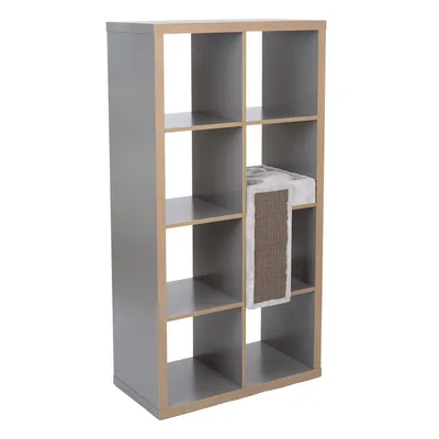 Regal mit 8 Fächern, grau mit Holzrahmen. Ein Fach enthält eine Kratzfläche aus Sisal und eine gepolsterte Liegefläche.