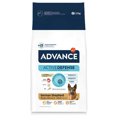 Advance Active Defense karma dla psów rasy owczarek niemiecki od 15 miesięcy, z indykiem i ryżem, zawiera prebiotyki, probiotyki i błonnik. Opakowanie: 12 kg.