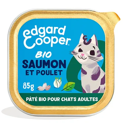 Edgard Cooper Bio Saumon et Poulet, 85g. Pâté bio pour chats adultes.