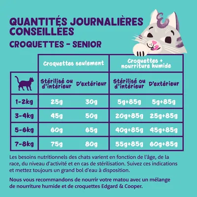 Tableau d’alimentation pour chats seniors : quantités quotidiennes recommandées selon le poids, l’activité et la stérilisation. Indications pour croquettes seules ou combinées avec pâtée.