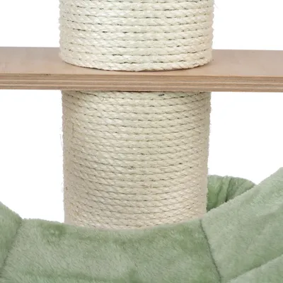 Cat tree wrapped with sisal rope, wooden platform and visible green plush material.