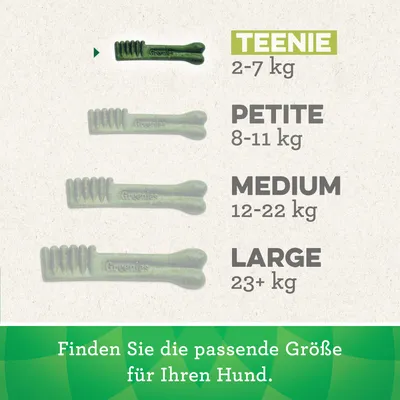 Grössentabelle für Greenies Hundesnacks: Teenie 2-7 kg, Petite 8-11 kg, Medium 12-22 kg, Large 23+ kg. Finden Sie die passende Grösse für Ihren Hund.