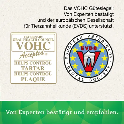 VOHC Gütesiegel: Unterstützt von der European Veterinary Dental Society (EVDS). Hilft bei Kontrolle von Zahnstein und Plaque. Von Experten bestätigt und empfohlen.