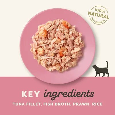 100% NATURAL INGREDIENTS. KEY ingredients: tuna fillet, fish broth, prawn, rice. Tekst w języku angielskim.