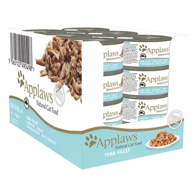 Applaws Natural Cat Food Tuna Fillet, 24 x 70 g säilykepakkaus. Pakkauksessa näkyy tonnikalafileetä ja teksti '100% natural'.
