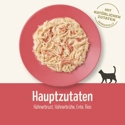 Assiette de nourriture pour chat avec texte allemand : Hauptzutaten Hühnerbrust, Hühnerbrühe, Ente, Reis. Sceau : Mit natürlichen Zutaten hergestellt.