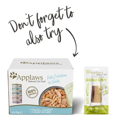 Caja Applaws Natural Cat Food Fish Selection in Broth 12x70g y snack Applaws tuna loin Whole Tuna Loin 30g, ambos con texto visible '100% natural'. Texto en inglés: Don't forget to also try.