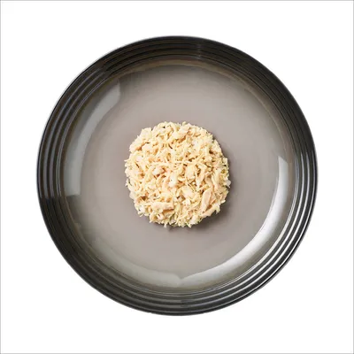 Close-up of shredded chicken meat on a grey plate, shown as an example of the product’s texture and appearance.