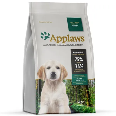 Applaws hundefoder til små og mellemstore racer, 15 kg. Kornfri med 75% kylling, 25% grøntsager og naturlige ekstrakter. Indeholder Omega 3 & 6 samt præ- og probiotika.