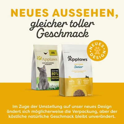 Applaws Katzenfutter Senior Chicken, neues Design mit gleichem Geschmack. Verpackung zeigt 80% Hühnerprotein, natürliche Zutaten und 400g Inhalt.