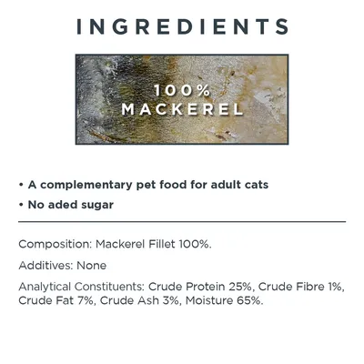 Ingredienser: 100 % makrillfilé. Kompletteringsfoder för vuxna katter. Utan tillsatt socker, inga tillsatser. Analys: protein 25 %, fett 7 %, råfiber 1 %, råaska 3 %, fukt 65 %.