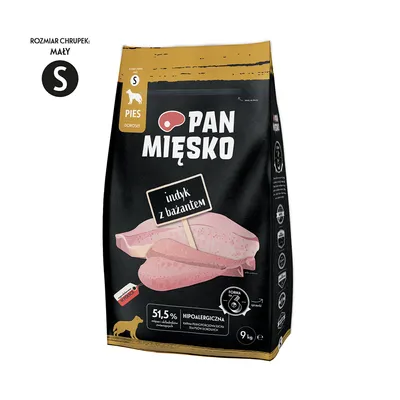Pan Mięsko Hundefutter für erwachsene Hunde, Geschmack: Truthahn mit Fasan, hypoallergen, 51,5% Fleischanteil, Grösse S, Packungsgrösse 9 kg.