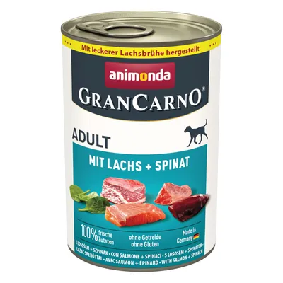 Animonda GranCarno Adult, wet food with salmon and spinach. 100% fresh ingredients, grain-free, gluten-free. Made with tasty salmon broth. Made in Germany.