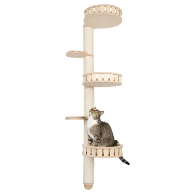Wooden cat tree with three platforms and sisal post, cat sitting on lower platform.