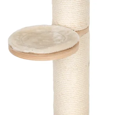 Cat tree wrapped with sisal and a round wooden platform with soft beige padding.