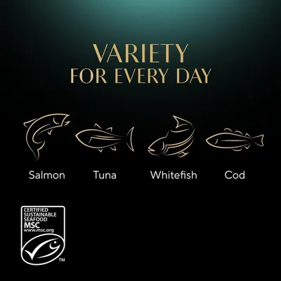 Variety for every day with salmon, tuna, whitefish and cod. Certified sustainable seafood MSC logo shown.