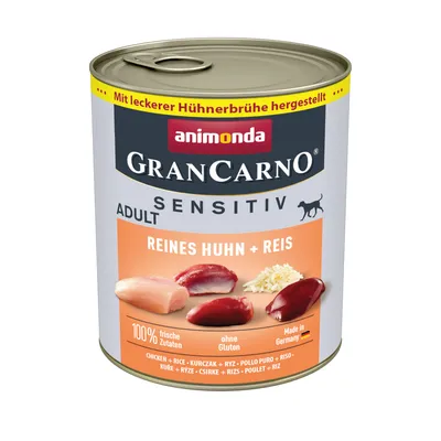 Animonda GranCarno Sensitiv Adult, καθαρό κοτόπουλο + ρύζι, παρασκευασμένο με ζωμό κοτόπουλου, 100% φρέσκα συστατικά, χωρίς γλουτένη, Made in Germany.