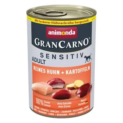 animonda GranCarno Sensitiv Adult hondenvoer, reines Huhn + Kartoffeln, 100% frisse ingrediënten, zonder granen of gluten, Made in Germany. Met kip en aardappel afgebeeld op het etiket.