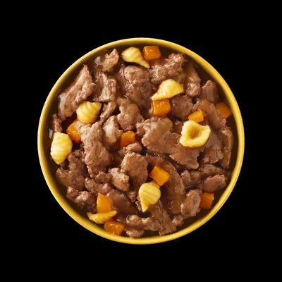 Taça amarela com pedaços de carne em molho, pequenos cubos laranja e massa em forma de concha visíveis. Não apresenta marca ou texto identificativo.