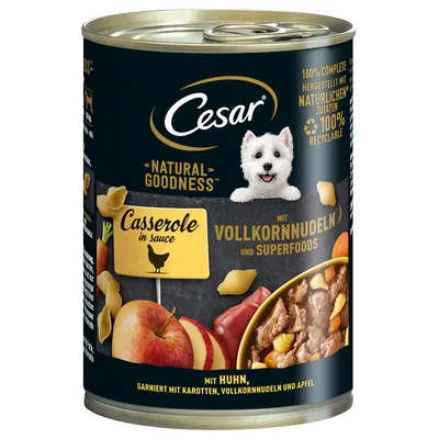 Cesar Natural Goodness Casserole in Sauce teljes kiőrlésű tésztával és szuperélelmiszerekkel. Csirkével, sárgarépával, teljes kiőrlésű tésztával és almával. 100% újrahasznosítható csomagolás.