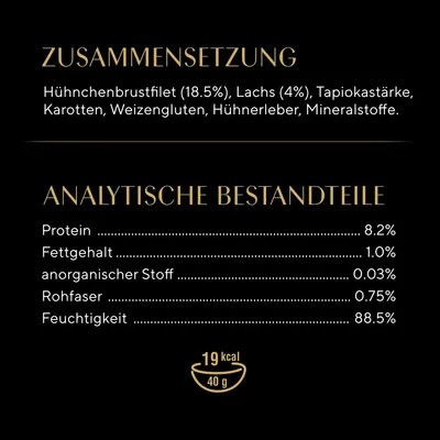 Zusammensetzung: Hähnchenbrustfilet (18.5%), Lachs (4%), Tapiokastärke, Karotten, Weizengluten, Hühnerleber, Mineralstoffe. Analytische Bestandteile: Protein 8.2%, Fettgehalt 1%, Feuchtigkeit 88.5%.