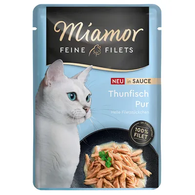 Miamor Feine Filets, puhdas tonnikala kastikkeessa. Vaaleita fileepaloja, 100 % fileetä lihapitoisuudessa. Uutuus.