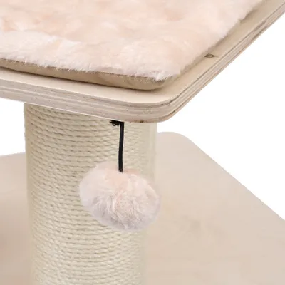 Scratching post with sisal trunk, wooden platform and soft plush cover. Hanging toy made of beige plush on a black ribbon.