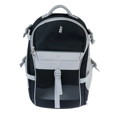 Sac à dos Tiaki noir et gris avec poches zippées, poignée supérieure, sangles latérales et poche avant en maille visible.