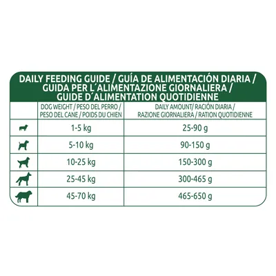Guide d’alimentation quotidienne pour chiens : 1–5 kg 25–90 g, 5–10 kg 90–150 g, 10–25 kg 150–300 g, 25–45 kg 300–465 g, 45–70 kg 465–650 g