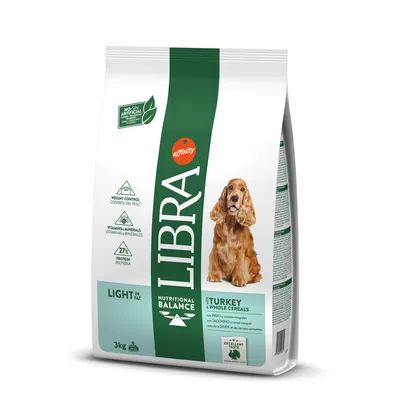Sac de croquettes pour chien Affinity Libra Light in Fat, dinde et céréales complètes, 3 kg. Contrôle du poids, vitamines et minéraux, 27 % protéines. Photo d’un chien sur l’emballage.