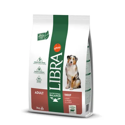 Sac de croquettes pour chien adulte Libra Nutritional Balance au bœuf, 3 kg, marque Affinity. Texte visible : protéines 24 %, vitamines et minéraux, dents et os forts, goût excellent.