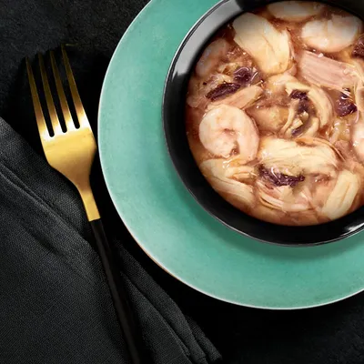 Bowl containing wet food with visible chunks of meat and seafood in gravy, shown on a plate with a fork beside it.