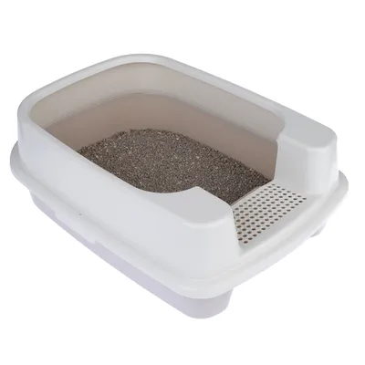 Caja de arena abierta para gatos con borde elevado, interior beige y superficie de rejilla, rellena de arena para gatos.