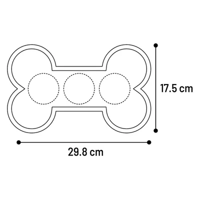 Diagram av en benformad produkt med måtten 29,8 cm bredd och 17,5 cm höjd. Tre cirkulära områden markerade inuti.