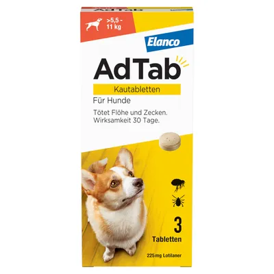 Elanco AdTab Kautabletten für Hunde von 5,5-11 kg. Tötet Flöhe und Zecken, Wirksamkeit 30 Tage. Packung enthält 3 Tabletten mit 225 mg Lotilaner.