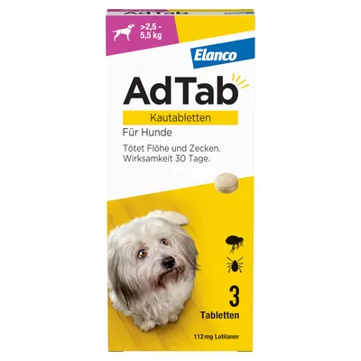 AdTab Kautabletten für Hunde, tötet Flöhe und Zecken, Wirksamkeit 30 Tage. Für Hunde von 2,5-5,5 kg. Packung mit 3 Tabletten, 112 mg Lotilaner.