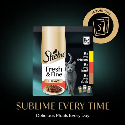 Sheba Fresh & Fine in Gravy, 15 portions of 50g each: 5 with chicken, 5 with beef, 5 with duck. Text reads 'Sublime every time. Delicious meals every day.'